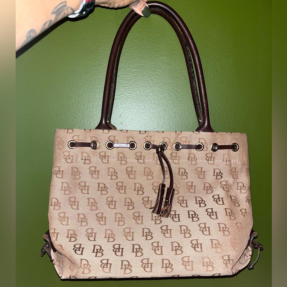 Authentic Dooney & Bourke Tassle “DB” Signature Canvas Tote (Vintage)